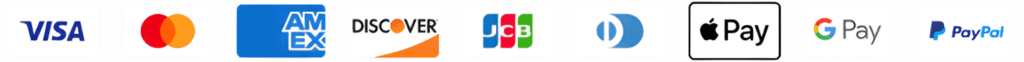 Betaalmethoden: Visa, Mastercard, American Express, Discover, JCB, Diners Club, Apple Pay, Google Pay, PayPal.