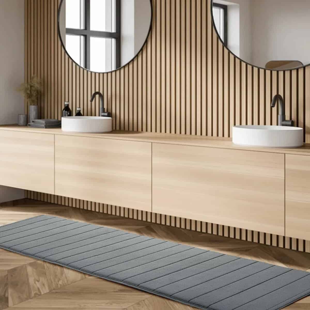 Antislip XXL badmat grijs in moderne badkamer met houten vloer en dubbele wastafel.