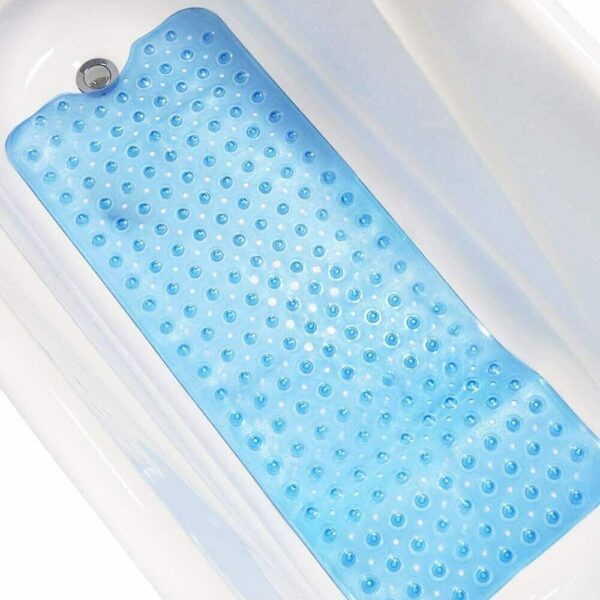 Blauwe anti-slip badmat voor badkuip met drukknoppen.