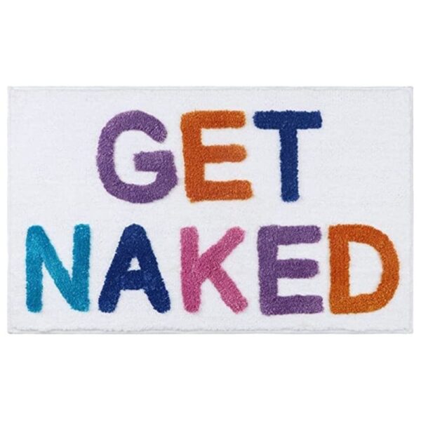 Badmat met kleurrijke tekst 'GET NAKED' voor badkamer.