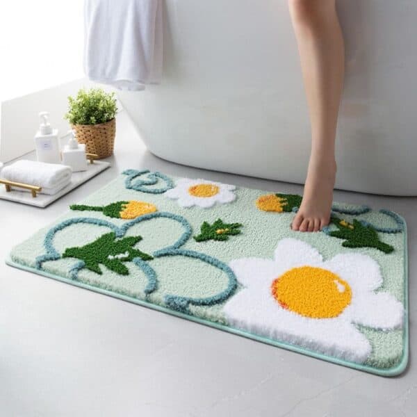 Badmat met bloemenmotief, daisymotief, badkamerdecoratie, zacht tapijt.