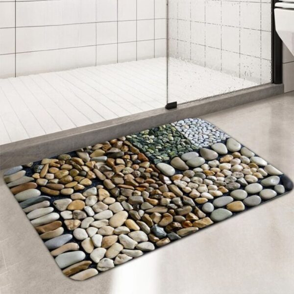 Badmat met kiezeldessin voor badkamer, natuurlijke steenprint, waterdicht en comfortabel.