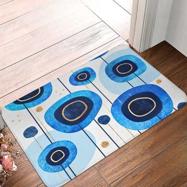 Blauw patroon badmat met geometrische cirkels, perfect voor badkamer of entree.