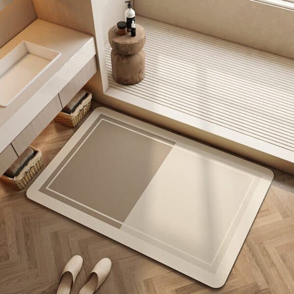 Diatomee badmat anti-slip voor badkamer, moderne design, natuurlijk houten vloer.