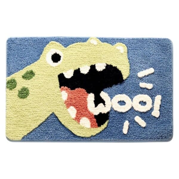 Dinosaurus badmat voor kinderen, speels ontwerp met woof-woord.