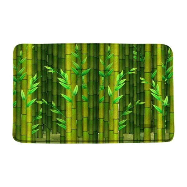 Groene bamboe badmat met natuurlijke bladeren en stammen.