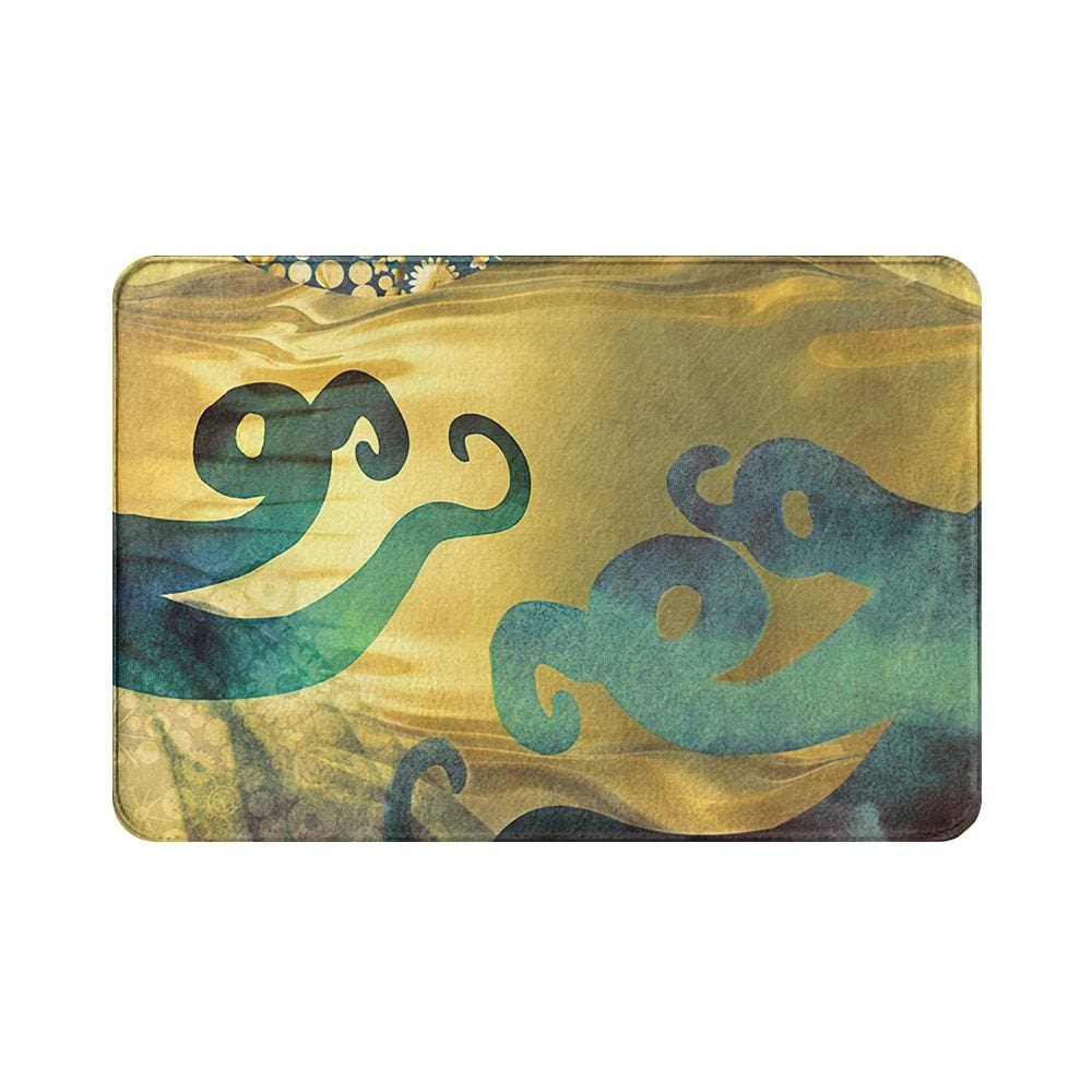 Kleine luxe badmat met fantasie ontwerp in goud en blauw.
