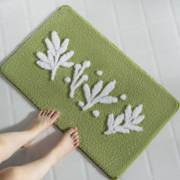Olijfgroene badmat met witte bladeren, anti-slip, voor badkamer.