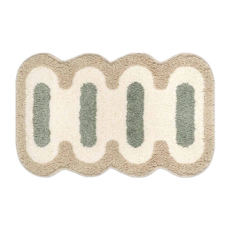 Origineel vormgegeven badkamerkleed met uniek geometrisch ontwerp in beige en groen.