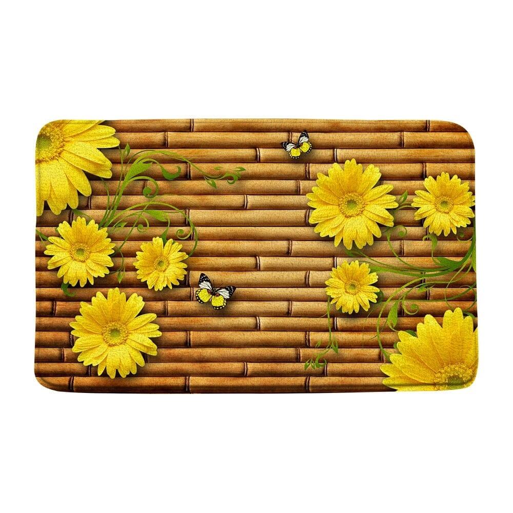 Zen badmat met gele bloemen en vlinders op bamboe achtergrond.