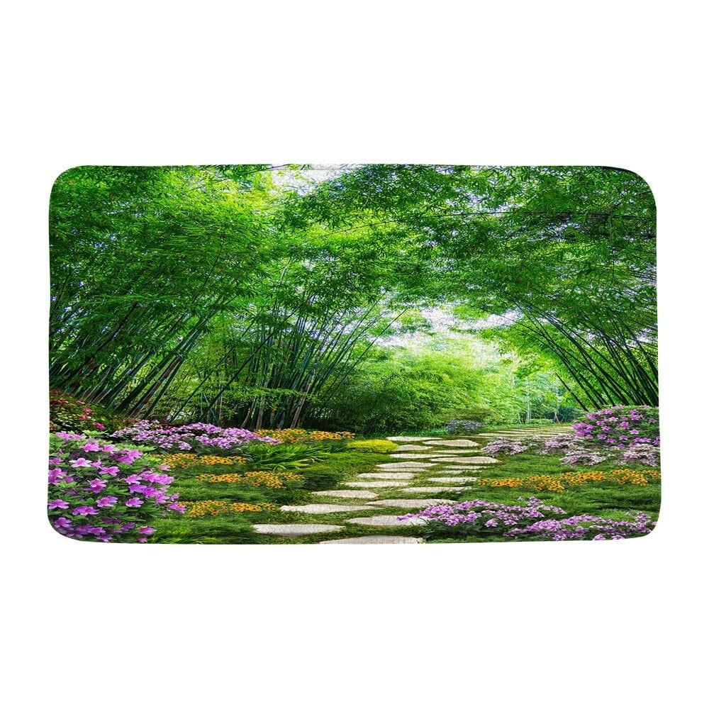 Zen badkamer tapijt met bamboe en bloemen, ontspanningseffect.