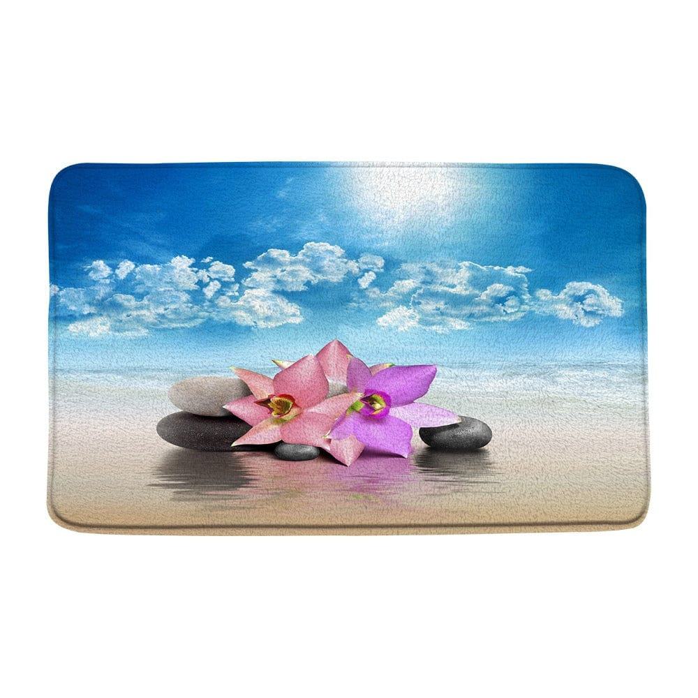 Zen badkamer tapijt met bloemen en stenen, ontspanningseffect.