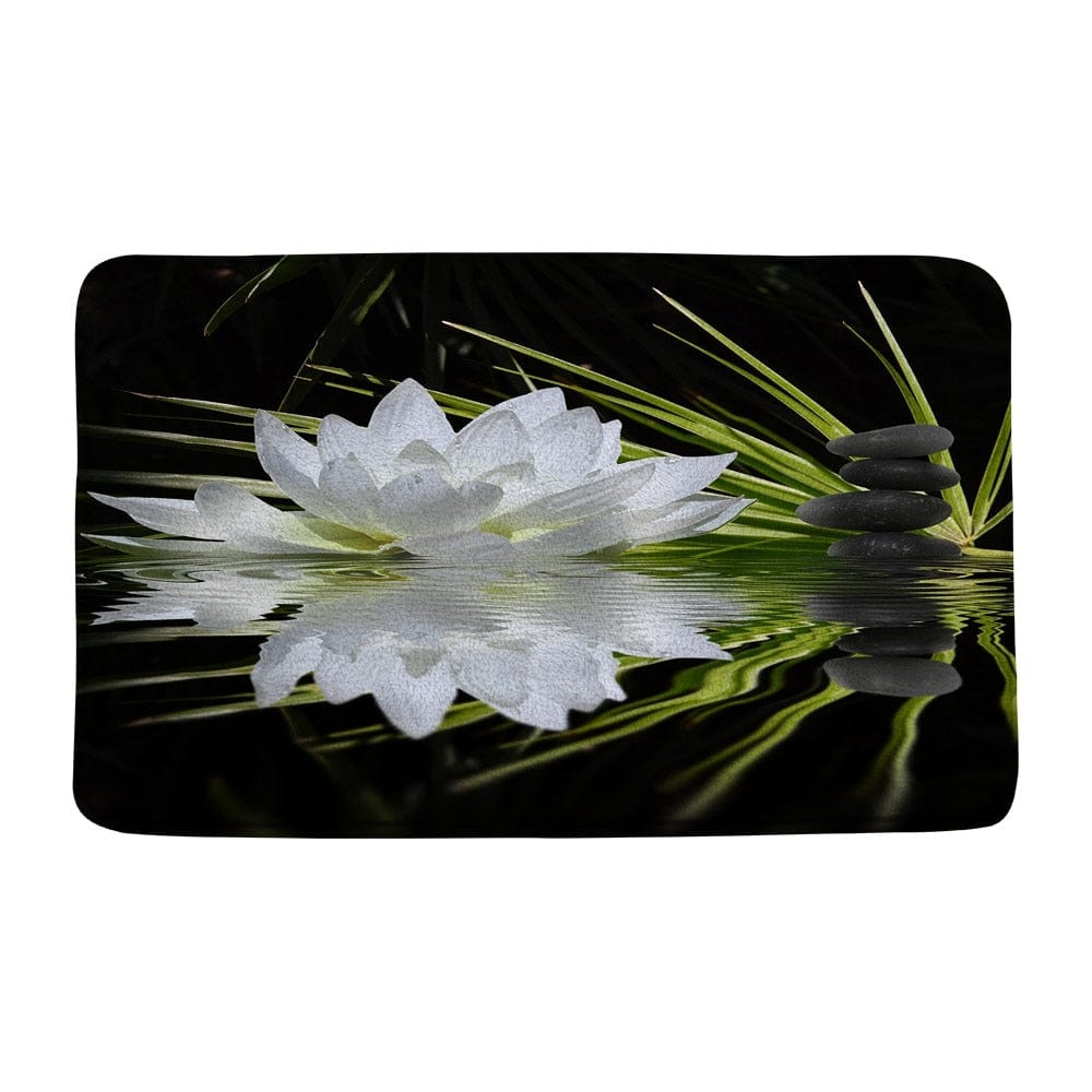 Zen badkamer tapijt met witte lotusbloem en zenstenen.
