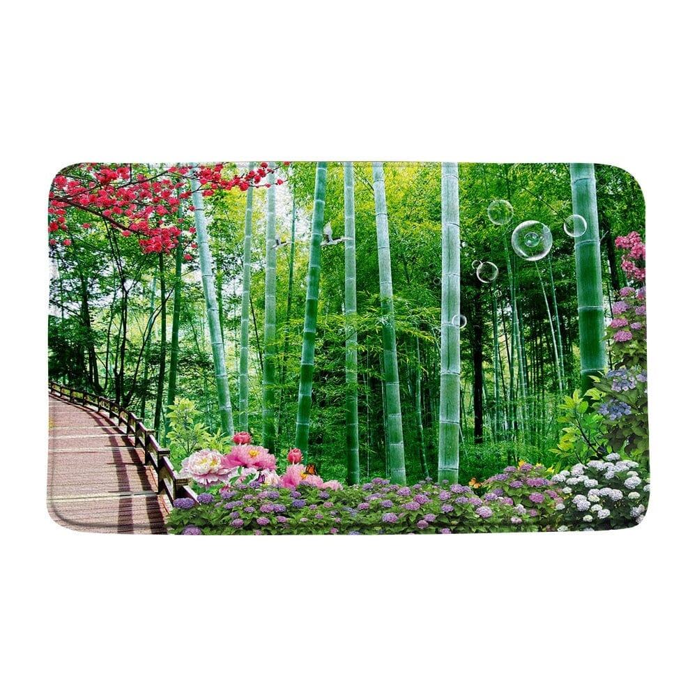 Zen badkamer tapijt met bamboe en bloemen, ontspanningseffect.