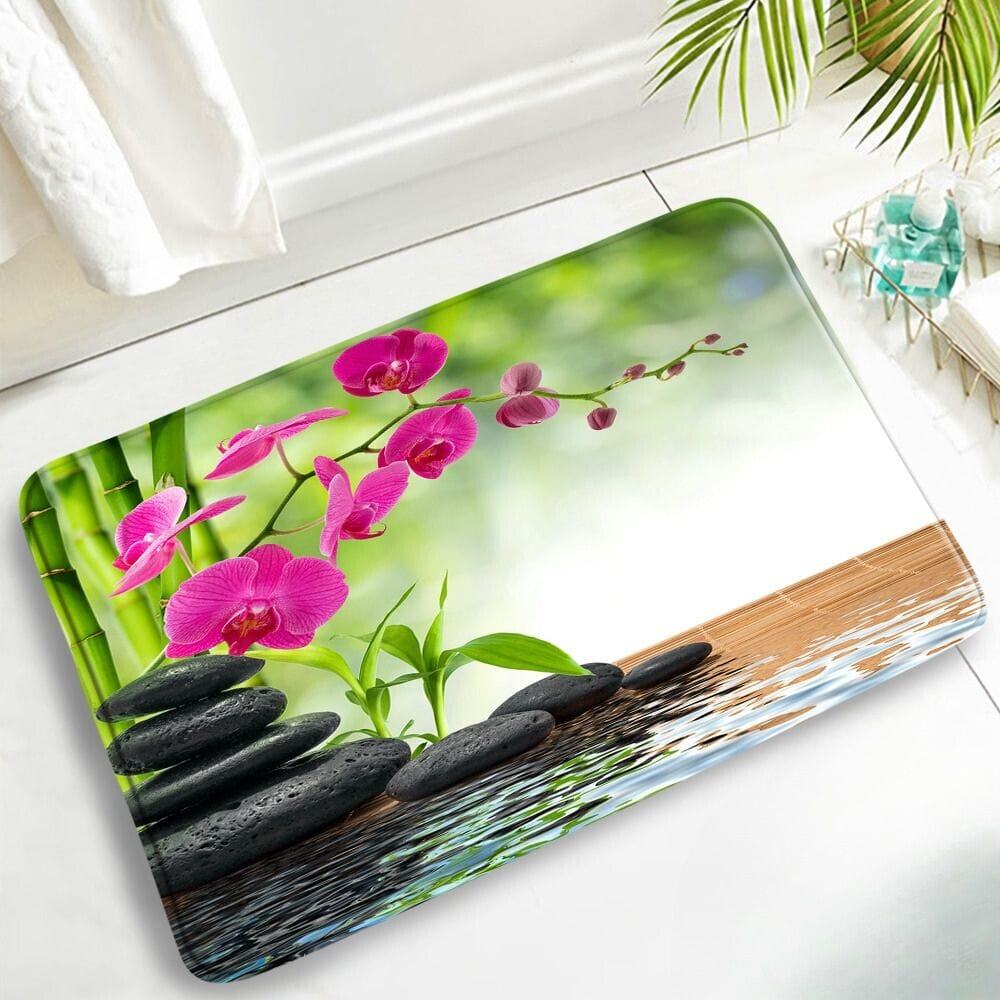 Zen badmat met antislip oppervlak en orchideeënprint.