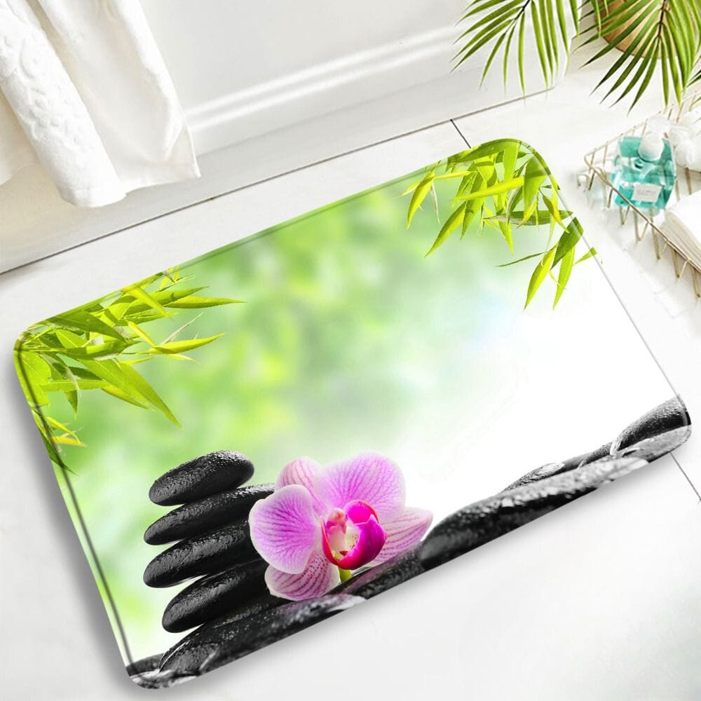 Zen badmat met antislip, orchidee en bamboe voor badkamer.