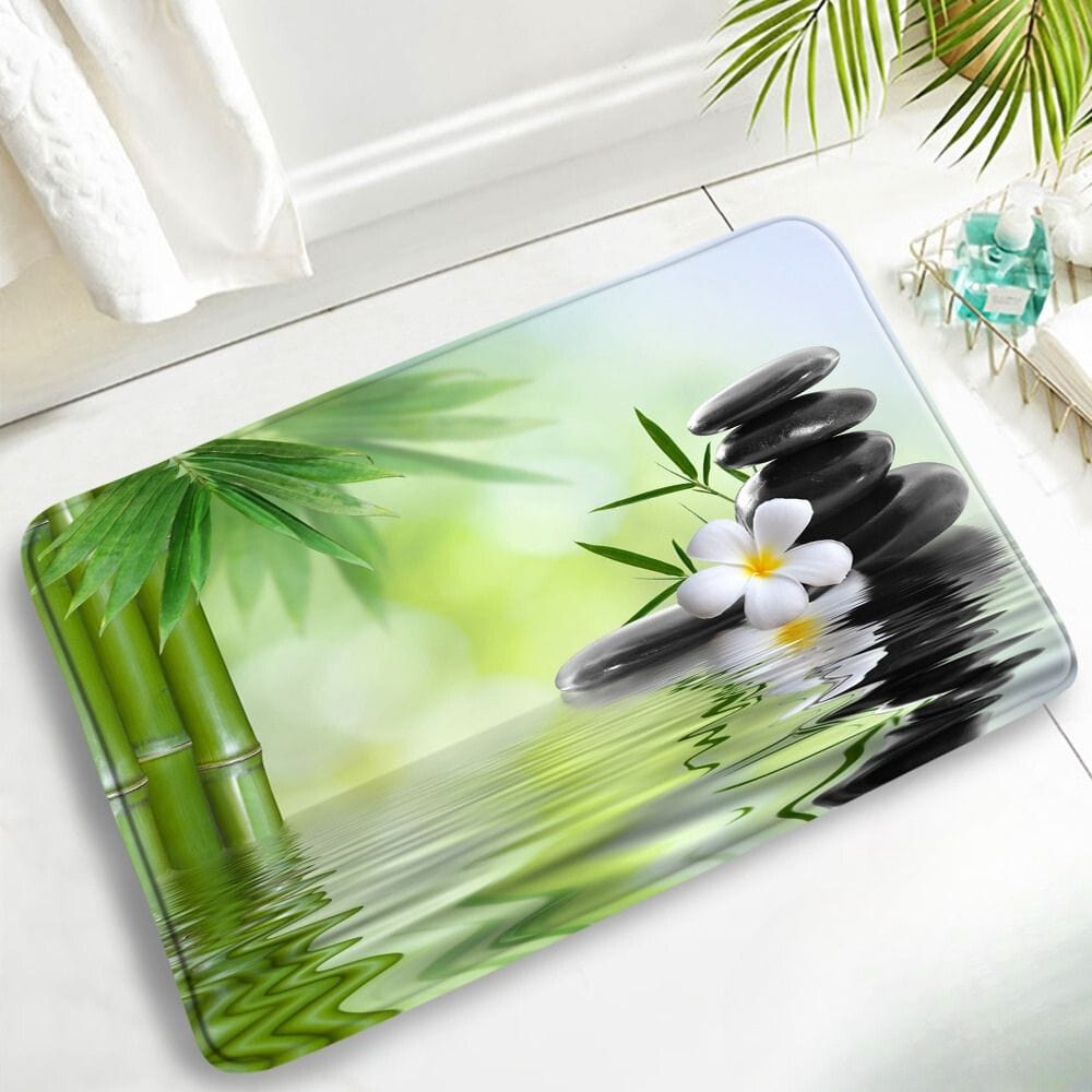 Zen badmat met antislip, bamboe en stenen, badkamer decoratie.