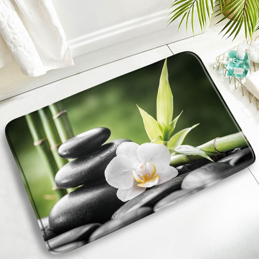 Zen badmat met antislip oppervlak, bamboe en orchidee print.
