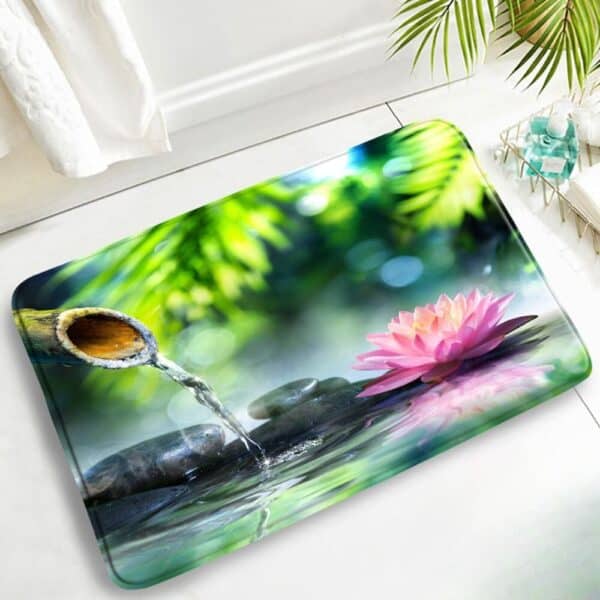 Zen badmat met lotusbloem en water, antislip voor badkamer.