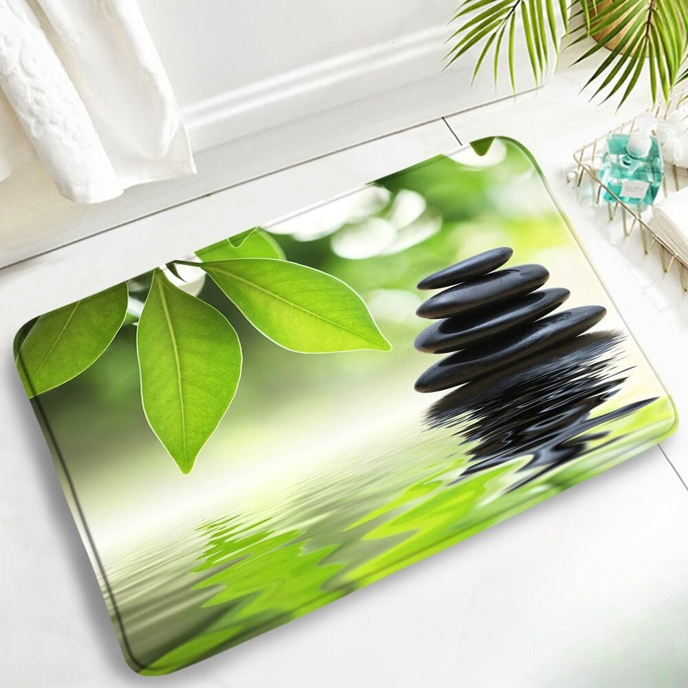 Zen badmat met antislip oppervlak en groene bladeren print.