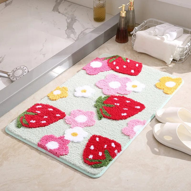 Aardbei badmat met bloemen, badkamerdecoratie, zachte vloermat.