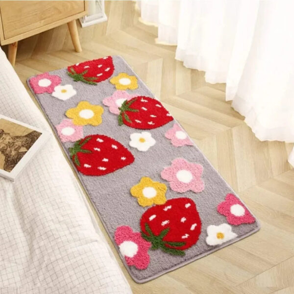 Aardbei badmat met bloemen, badkamerdecoratie, zachte vloermat.