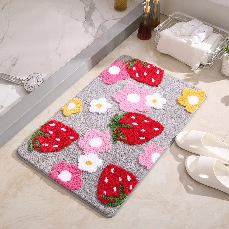 Aardbei badmat met bloemen, badkamer decoratie, zacht en waterafstotend.