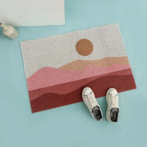 Art Deco badmat met berglandschap, stijlvolle badkamervloerbekleding.