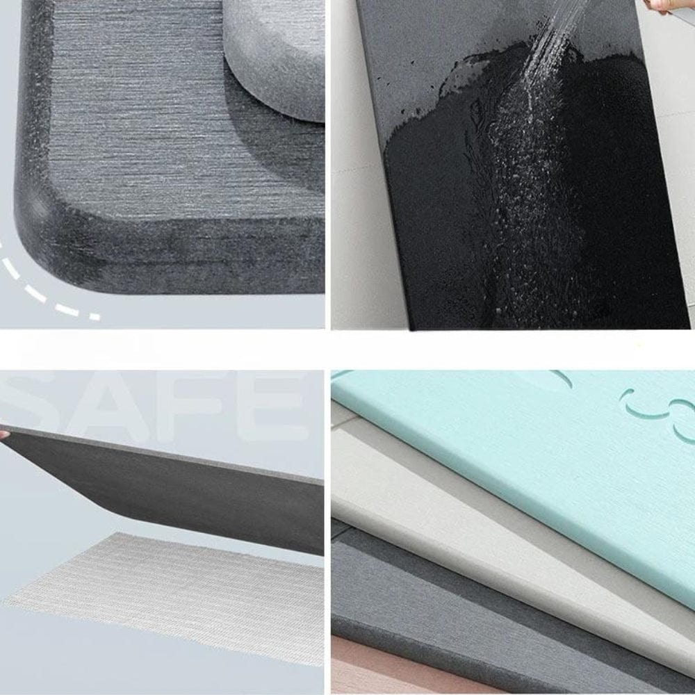 Waterdichte badkamerstenenmat met verschillende kleuren en veiligheidsfunctie.