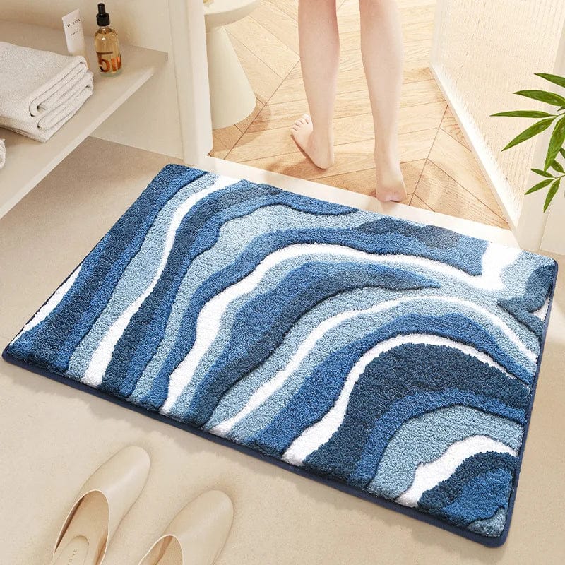 Blauwe golfpatroon badmat voor badkamer, comfortabel en stijlvol.
