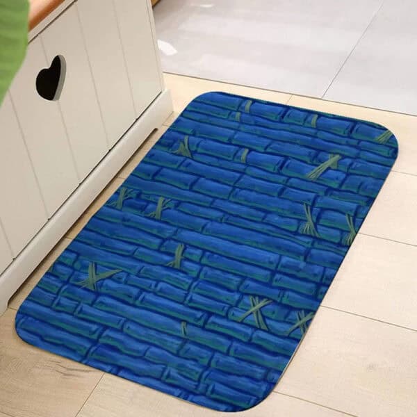 Blauwe bamboe badmat met groene accenten, geschikt voor badkamer of keuken.