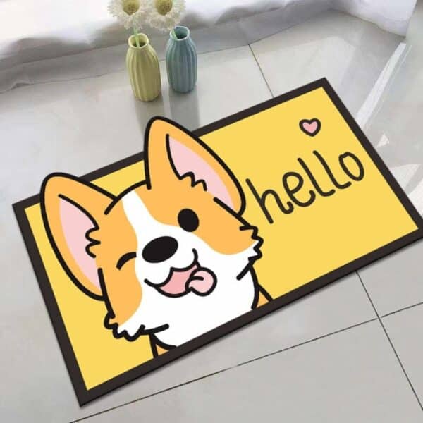 Corgi badmat met hello tekst, huisdier thema, binnenhuis decoratie.