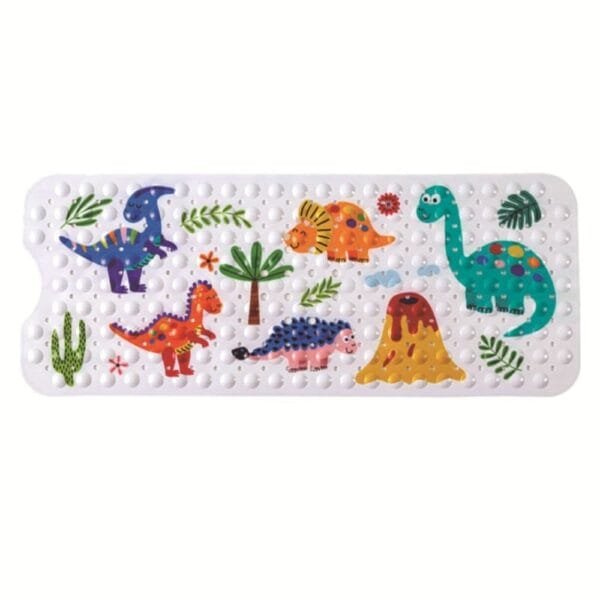 Kindvriendelijke antislip badmat met dino's en vulkaan.