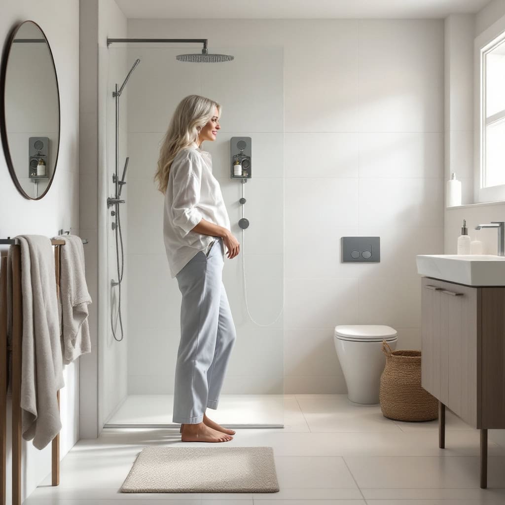 Vrouw in moderne badkamer met badmat Bliss, minimalistisch en comfortabel.