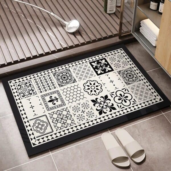 Zwart-wit vinyl badkamerkleed met geometrische patronen voor bad of douche.