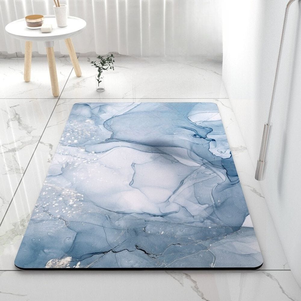 50x80 blue abstract bath mat for modern bathroom decor.