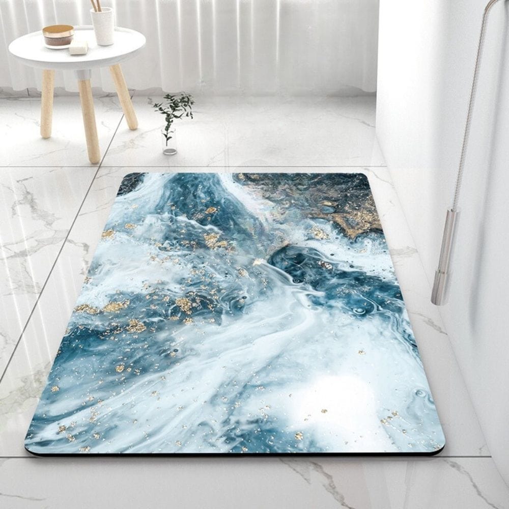 50x80 Bath Mat with Blue Marble and Gold Design.