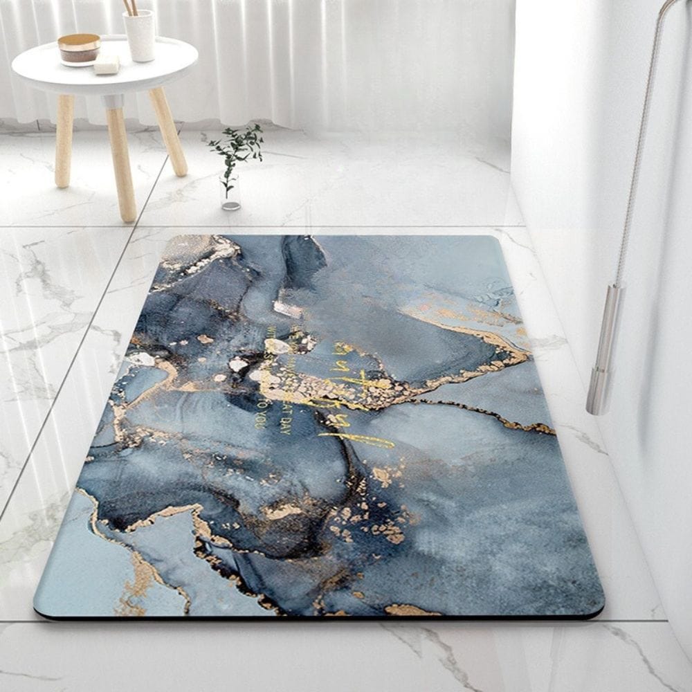50x80 Bath Mat with Blue Gold Marble Design.