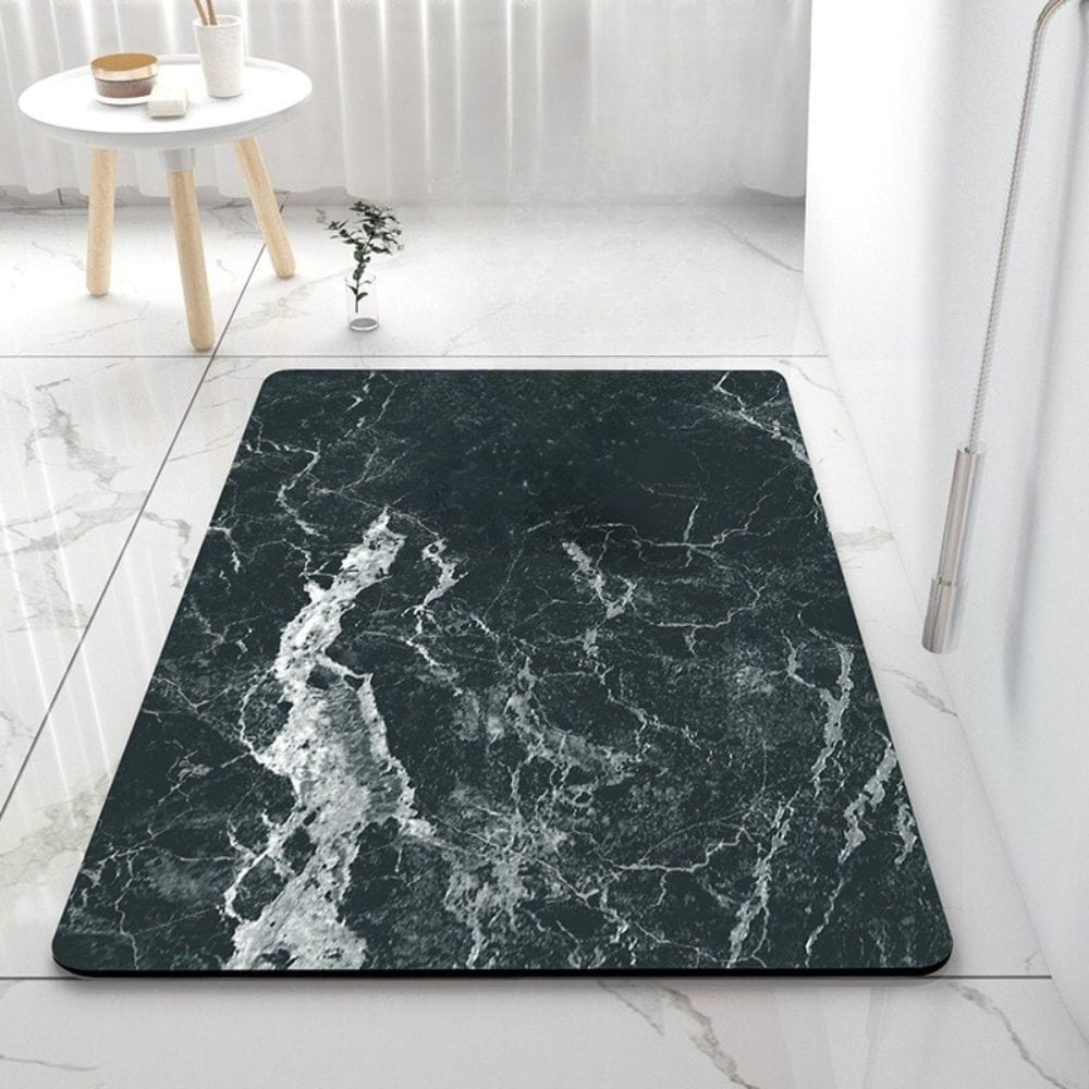 50x80 black marble bath mat for modern bathroom decor.