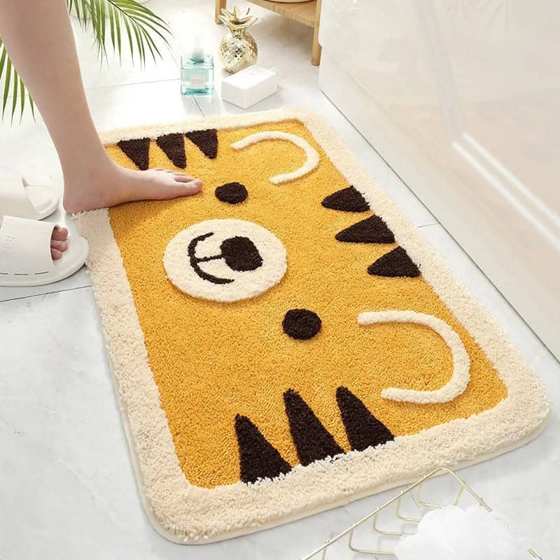 Cute tiger-themed bath mat for kids, soft plush, bathroom decor.