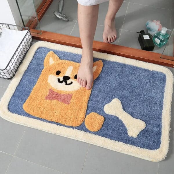 Cute dog bath mat with bone design for bathroom.