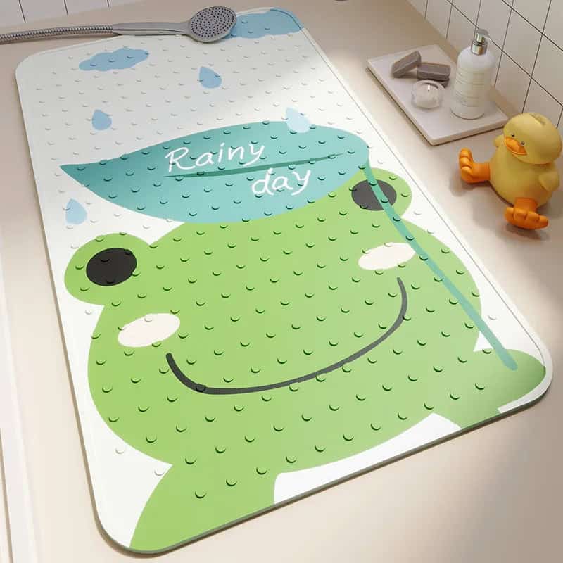 Anti-mould baby bath mat with frog design for safe bathing.