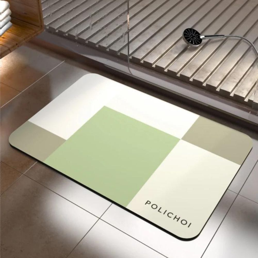 Modern anti-slip bath mat with geometric pattern and brand name POLICHIOI.