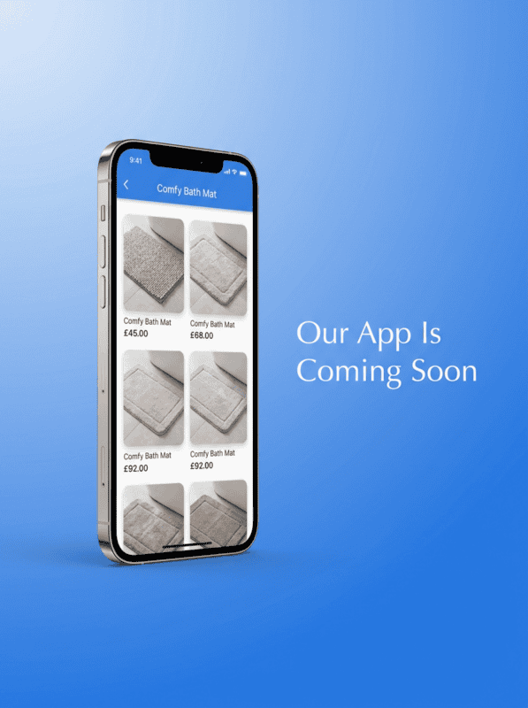 Comfy Bath Mat app preview showing product listings and pricing.