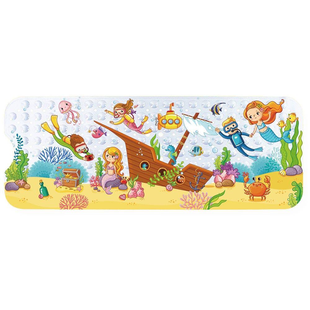 Baby bath sink mat with mermaid and pirate ship underwater theme.