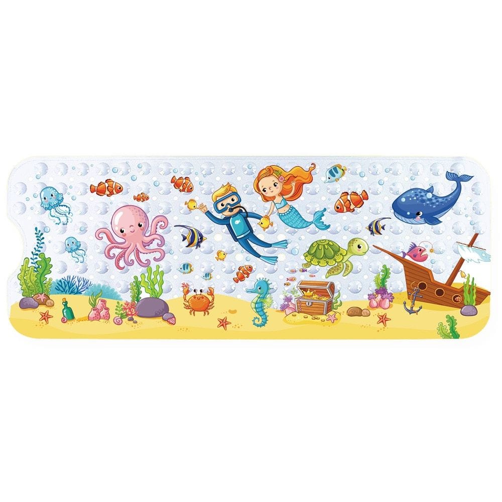 Baby bath sink mat with underwater theme featuring mermaid, diver, whale, and sea creatures.