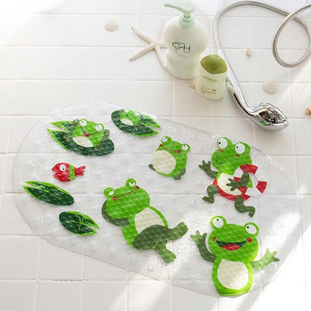 Baby frog-themed non-slip bath mat for safe toddler bathing.