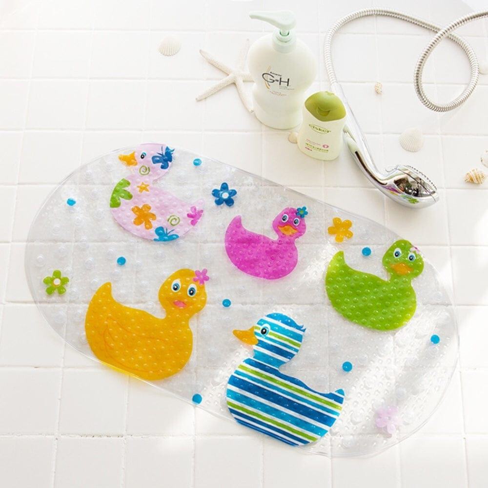 Colorful duck-themed baby bath mat with non-slip texture for safe toddler bathing.