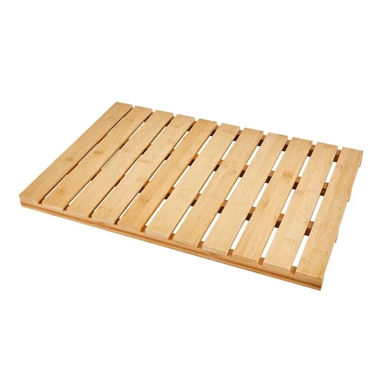 Bamboo slatted bath mat for bathroom, natural wood, non-slip, eco-friendly.