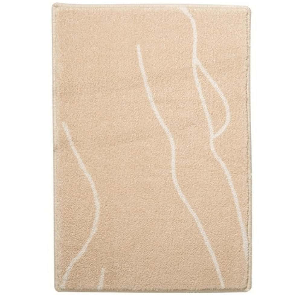 Abstract beige bath mat with white wavy lines for modern bathroom decor.